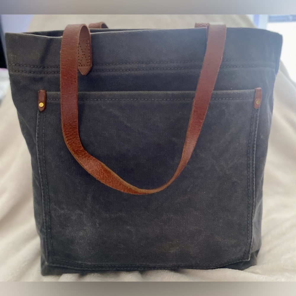 Madewell denim fabric tote with leather straps.